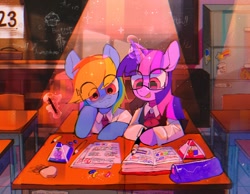 Size: 1100x852 | Tagged: safe, artist:poneko-chan, rainbow dash, twilight sparkle, unicorn twilight, pegasus, pony, unicorn, ballpoint pen, book, chalkboard, clothes, desk, female, glasses, lesbian, magic, magic aura, mare, necktie, open mouth, pencil, remake, school uniform, schoolgirl, shipping, shirt, smiling, studying, telekinesis, traditional art, twidash