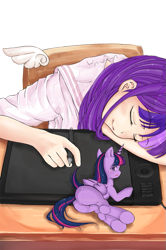 Size: 499x750 | Tagged: safe, artist:d-tomoyo, twilight sparkle, twilight sparkle (alicorn), alicorn, human, pony, cute, hooves, human ponidox, humanized, light skin, micro, on side, plot, simple background, sleeping, smiling, solo, tablet, transparent background, twibutt, underhoof, wacom intuos