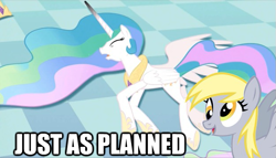 Size: 625x357 | Tagged: safe, derpy hooves, princess celestia, alicorn, pegasus, pony, female, image macro, just as planned, mare