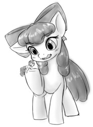 Size: 531x720 | Tagged: safe, artist:alloyrabbit, apple bloom, twist, implied vore, macro, micro, monochrome