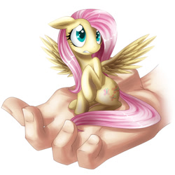 Size: 750x750 | Tagged: safe, artist:alicornparty, fluttershy, human, hand, in goliath's palm, micro