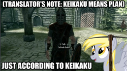 Size: 625x351 | Tagged: safe, derpy hooves, human, all according to keikaku, arbalest, arrow to the knee, crossbow, guard, image macro, just as planned, keikaku means plan, skyrim, solitude, the elder scrolls