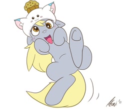 Size: 1054x914 | Tagged: safe, artist:akoni, derpy hooves, pegasus, pony, cute, dancing, derpabetes, female, food, hat, mare, muffin, neko hat, silly, tongue out