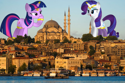 Size: 1280x856 | Tagged: safe, artist:navitaserussirus, artist:somerandomminion, rarity, twilight sparkle, pony, boat, genie, giant pony, giantess, irl, istanbul, macro, mosque, photo, ponies in real life, rarilight, shipping, turkey (country)