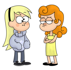 Size: 742x728 | Tagged: safe, artist:zicygomar, carrot top, derpy hooves, golden harvest, crossed arms, gravity falls, humanized, simple background, style emulation, transparent background