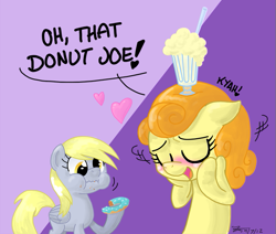 Size: 609x516 | Tagged: safe, artist:zicygomar, carrot top, derpy hooves, golden harvest, earth pony, pegasus, pony, mmmystery on the friendship express, blushing, carrotjoe, dialogue, donut, donut joe gets all the mares, eating, eyes closed, female, heart, implied donut joe, male, mare, milkshake, shipping, smiling, straight