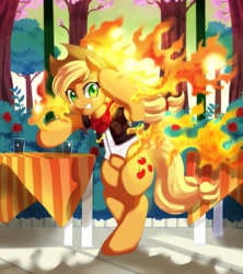 Size: 1135x1280 | Tagged: safe, artist:freedomthai, derpibooru import, applejack, earth pony, pony, awolnation, bipedal, burning, fire, solo