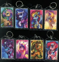 Size: 500x527 | Tagged: safe, artist:purplekecleon, applejack, derpy hooves, fluttershy, pinkie pie, princess cadance, rainbow dash, rarity, twilight sparkle, earth pony, pony, clothes, dress, gala dress, irl, keychain, mail, photo, toy