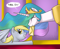 Size: 1280x1046 | Tagged: safe, artist:cat-cly, derpy hooves, princess celestia, alicorn, pegasus, pony, duo, female, letter, mare