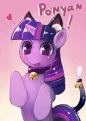 Size: 1250x1750 | Tagged: dead source, safe, artist:freedomthai, twilight sparkle, pony, unicorn, behaving like a cat, bell, bell collar, cat ears, catgirl, collar, female, heart, mare, open mouth, solo, twilight cat