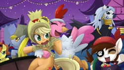 Size: 1024x576 | Tagged: safe, artist:jinzhan, applejack, carrot top, derpy hooves, golden harvest, pinkie pie, pipsqueak, zecora, earth pony, pegasus, pony, zebra, luna eclipsed, animal costume, chicken pie, chicken suit, clothes, costume, female, mare, nightmare night, paper bag wizard