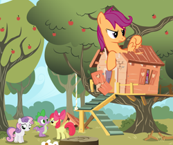 Size: 2500x2100 | Tagged: safe, artist:anarchemitis, apple bloom, scootaloo, spike, sweetie belle, dragon, pony, angry, clubhouse, crusaders clubhouse, cutie mark crusaders, frown, giant pony, glare, macro, meme