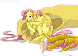 Size: 950x685 | Tagged: safe, artist:thecuriousfool, discord, fluttershy, pegasus, pony, discoshy, in goliath's palm, micro, realistic, shipping, size difference, snuggling