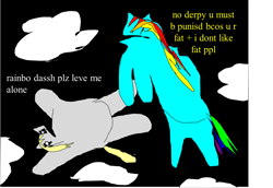 Size: 1649x1132 | Tagged: safe, artist:jacobfoolson, derpy hooves, rainbow dash, pegasus, pony, 1000 hours in ms paint, fat, kidnapped, stylistic suck