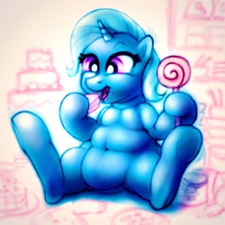 Size: 1280x1280 | Tagged: safe, artist:remyroez, trixie, pony, unicorn, belly button, cake, candy, chubby, fat, food, happy, solo, the great and bountiful trixie, traditional art