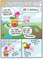 Size: 802x1095 | Tagged: safe, artist:kturtle, applejack, derpy hooves, pinkie pie, earth pony, pegasus, pony, comic:the story of granny pie, applejack's hat, background pony, cart, comic, cowboy hat, cupcakes song, excited, eyes closed, female, field, filly, flying, glasses, granny pie, hat, laughter song, mare, music notes, river, silo, singing