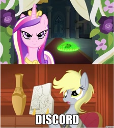 Size: 552x617 | Tagged: safe, artist:rhymes-with-orange, screencap, derpy hooves, princess cadance, queen chrysalis, alicorn, changeling, changeling queen, pegasus, pony, a canterlot wedding, season 2, conspiracy, fake cadance, female, giorgio a. tsoukalos, hilarious in hindsight, mare, meme