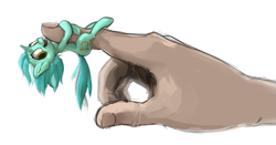 Size: 1759x922 | Tagged: safe, artist:eto ya, lyra heartstrings, human, pony, clinging, hand, happy, in goliath's palm, micro, tiny ponies