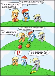 Size: 2198x3040 | Tagged: safe, artist:ciriliko, applejack, derpy hooves, rainbow dash, earth pony, pegasus, pony, apple, banana, comic, creeper, female, high res, mare, orange, that pony sure does love apples, the simpsons