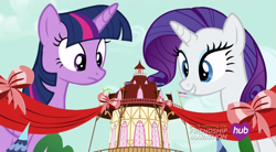 Size: 1067x590 | Tagged: safe, screencap, rarity, twilight sparkle, twilight sparkle (alicorn), alicorn, pony, unicorn, simple ways, macro, town hall