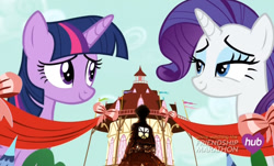 Size: 1116x675 | Tagged: safe, edit, screencap, rarity, twilight sparkle, twilight sparkle (alicorn), alicorn, pony, unicorn, simple ways, attack on titan, eren jaeger, female, hub logo, macro, mare