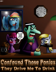 Size: 1000x1280 | Tagged: safe, artist:dcencia, berry punch, berryshine, derpy hooves, rainbow dash, pegasus, pony, confound these ponies, crossover, dan backslide, female, mare, the dover boys, window licking