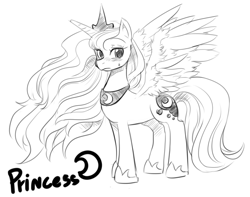 Size: 800x630 | Tagged: safe, artist:freedomthai, princess luna, alicorn, pony, blushing, monochrome, s1 luna, sketch, solo