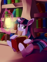 Size: 2137x2826 | Tagged: safe, artist:freedomthai, twilight sparkle, book, golden oaks library, lantern, library, magic, solo