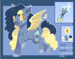 Size: 1225x974 | Tagged: safe, artist:shady-bush, oc, oc:glass neptune, bat pony, pony, female, mare, reference sheet, solo