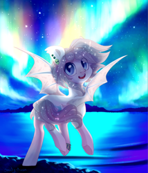 Size: 1340x1564 | Tagged: safe, artist:shady-bush, oc, oc:sugarcube, alien, bat pony, pony, aurora borealis, bat pony oc, bracelet, cute, ear piercing, ethereal mane, fangs, female, happy, jewelry, lake, mare, night, ocbetes, piercing, starry mane, stars