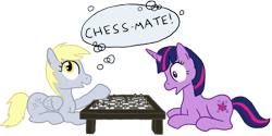 Size: 1111x557 | Tagged: safe, artist:paper-pony, derpy hooves, twilight sparkle, pegasus, pony, chess, female, mare