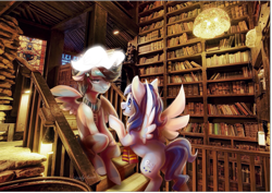 Size: 1255x891 | Tagged: safe, artist:shady-bush, oc, oc only, oc:azure, oc:bunny army, pegasus, pony, swan, book, bookshelf, clothes, harry potter, male, patronus, scarf, stallion, unamused