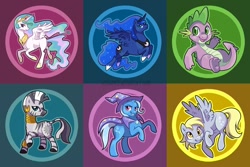 Size: 900x600 | Tagged: safe, artist:kaceymeg, derpy hooves, princess celestia, princess luna, spike, trixie, zecora, alicorn, dragon, pegasus, pony, zebra, female, mare