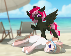 Size: 1716x1368 | Tagged: safe, artist:shady-bush, oc, oc only, oc:off menu, oc:strawberry soda, pegasus, pony, beach, beach chair, drugged, drugs, female, male, mare, ocean, prank, prone, stallion, umbrella