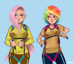 Size: 1280x1110 | Tagged: safe, artist:nikko, derpibooru import, fluttershy, rainbow dash, human, air ponyville, breast envy, breasts, female, harness, hootershy, humanized, parachute