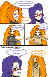 Size: 720x1158 | Tagged: safe, artist:miracle32, adagio dazzle, rarity, equestria girls, rainbow rocks, breast envy, breasts, clothes, comic, delicious flat chest, engrish, flatdagio dazzle, glasses, implied raritits, keyhole turtleneck, open-chest sweater, sweater, turtleneck