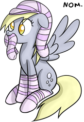 Size: 513x742 | Tagged: safe, artist:miketheuser, derpy hooves, pegasus, pony, clothes, female, mare, mouth hold, nom, socks, solo, striped socks