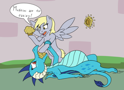 Size: 1200x873 | Tagged: safe, artist:8aerondight8, derpy hooves, dragon lord ember, princess ember, dragon, pegasus, pony, triple threat, belly, big belly, bloated, dragonlard ember, fat, food, force feeding, muffin, stuffed, stuffing, weight gain