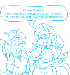 Size: 657x700 | Tagged: safe, artist:secretfriend, trixie, twilight sparkle, anthro, a-cup angst, arm hooves, breast envy, breasts, crying, female, great and powerful, large butt, monochrome, smug, titsie