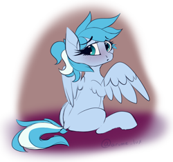 Size: 3143x2949 | Tagged: safe, artist:lux-arume, derpibooru import, oc, oc only, oc:andrisyc tempest, pegasus, pony, dock, female, looking at you, looking back, mare, sketch, solo, stting, wings