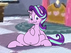 Size: 1200x900 | Tagged: safe, artist:tuta suke, starlight glimmer, pony, unicorn, belly, belly button, blushing, fat, female, sitting, solo, starlard glimmer, sweatdrop