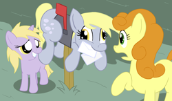 Size: 1546x900 | Tagged: safe, artist:tranquilmind, carrot top, derpy hooves, dinky hooves, golden harvest, pegasus, pony, derpy inside a mailbox, female, letter, mailbox, mare