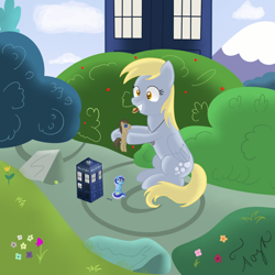 Size: 1000x1000 | Tagged: safe, artist:toyabigeyes, derpy hooves, doctor whooves, minuette, pegasus, pony, doctor who, female, mare, romana, tardis