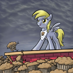 Size: 1280x1280 | Tagged: safe, artist:giantmosquito, derpy hooves, pegasus, pony, bib, female, implied genocide, mare, muffin, solo