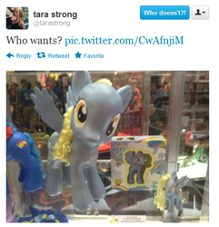 Size: 468x486 | Tagged: safe, derpy hooves, pegasus, pony, comic con, fashion style, female, irl, mare, photo, san diego comic con, tara strong, toy, twitter