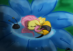 Size: 1748x1240 | Tagged: safe, artist:mrasianhappydude, fluttershy, bee, pegasus, pony, animal costume, bee costume, clothes, costume, curled up, cute, eyes closed, floppy ears, flower, flutterbee, micro, prone, shyabetes, sleeping, solo