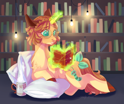 Size: 1430x1200 | Tagged: safe, artist:shady-bush, oc, oc only, oc:brianna, pony, unicorn, book, bookshelf, bow, coffee mug, colored hooves, female, glasses, glowing horn, horn, magic, mare, mug, pillow, solo, tail bow, telekinesis