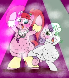 Size: 1059x1200 | Tagged: safe, artist:tuta suke, pacific glow, sweetie belle, belly, belly button, bipedal, breasts, dancing, fat, fat boobs, sweat, sweetie belly