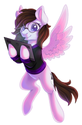 Size: 918x1392 | Tagged: safe, artist:shady-bush, oc, oc:trinity sketch, pegasus, pony, clothes, female, glasses, mare, mouth hold, simple background, solo, sweater, tablet, transparent background
