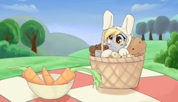 Size: 1280x731 | Tagged: safe, artist:zokkili, derpy hooves, pegasus, pony, :t, basket, bunny costume, carrot, clothes, cute, derpabetes, female, mare, micro, muffin, picnic blanket, smiling, solo